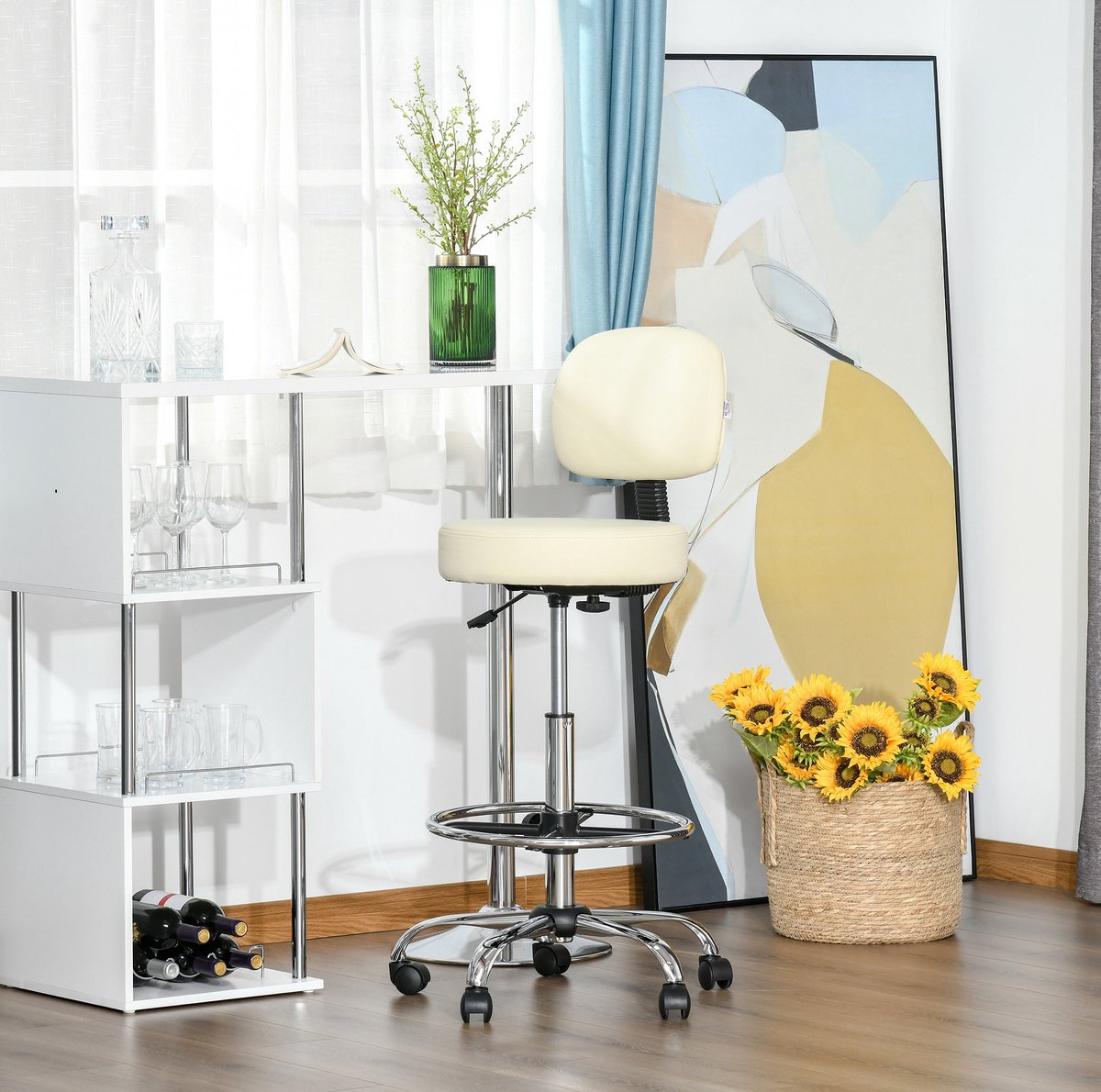 Draaibare Barkruk 56 x 57 x 104 127 Cm Hoogteverstelbaar Met Rugleuning En Voetsteun Voor Keuken En Thuisbar Kunstleer Beige