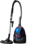 Aspirateur Philips PowerPro Compact violet et noir avec tuyau et tube.