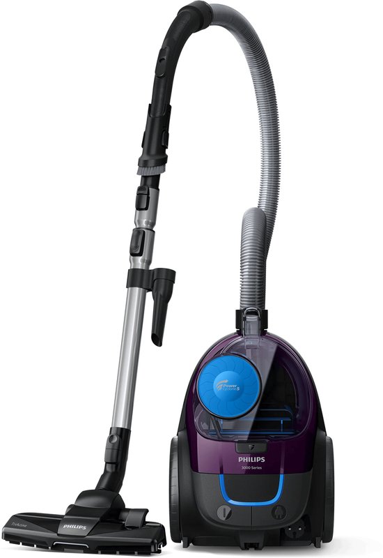 Aspirateur Philips PowerPro Compact violet et noir avec tuyau et tube.
