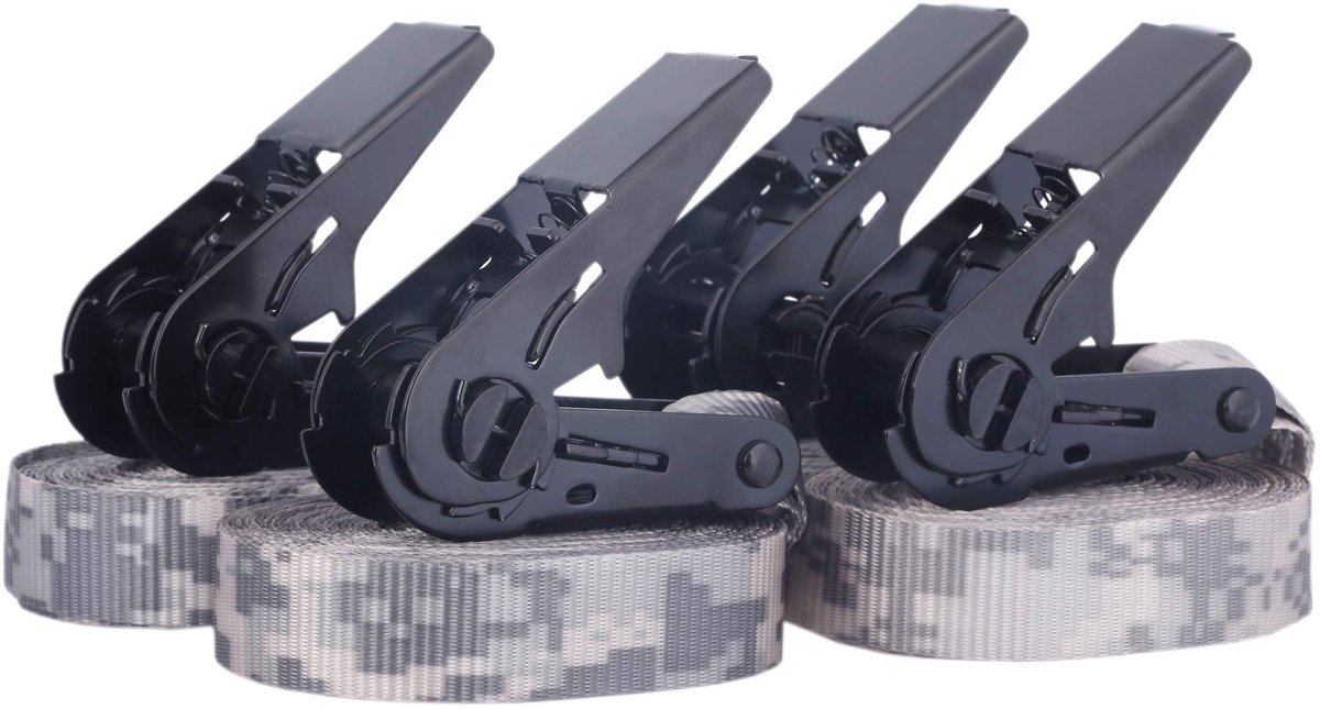 Famanu – Set van 4 spanbanden met ratel, groen camouflage, sjorbanden, belastbaar tot 900 kg, lengte 6 m en breedte 25 mm, hoogwaardige sjorriemen
