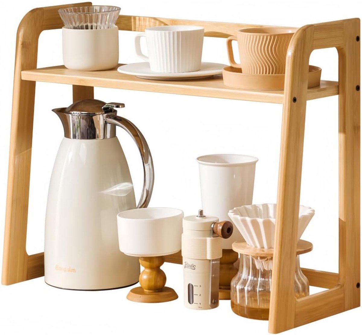 Koffiestation Organizer Van Natuurlijk Bamboe - Keukenplank Met 2 Niveaus - Multifunctioneel Opbergrek Voor Op Het Aanrecht