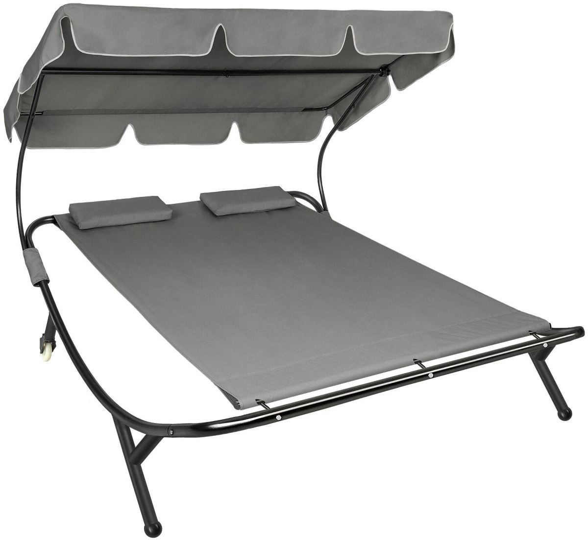 tectake® Ligbed Livorno - 2 personen - Zonnebed - Ligstoel - Met Traploos Verstelbaar Zonnescherm - Weerbestendig XL-Ligbed - Met Wieltjes en 2 Hoofdkussens - Voor Binnen en Buiten - Grijs