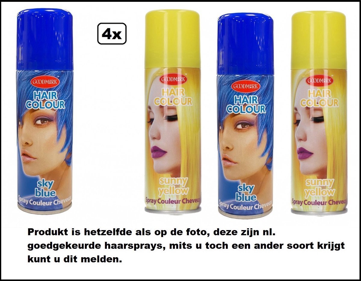 4x Haarverf/haarspray blauw/geel 125 ml - - Sky blue/ sunny yellow - Festival thema feest carnaval haar kleurspray party