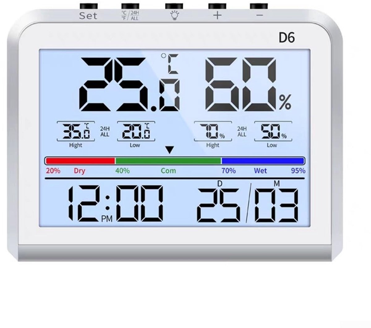 Hygrometer - Digitale Thermo-Hygrometer & Luchtvochtigheidsmeter Binnen met Achtergrondverlichting & Comfortindicator - Met Klok, Datum & Min/Max Geheugen - Geschikt voor Woonkamer, Babykamer & Kantoor - 9.8 x 7.4 cm - Zilver