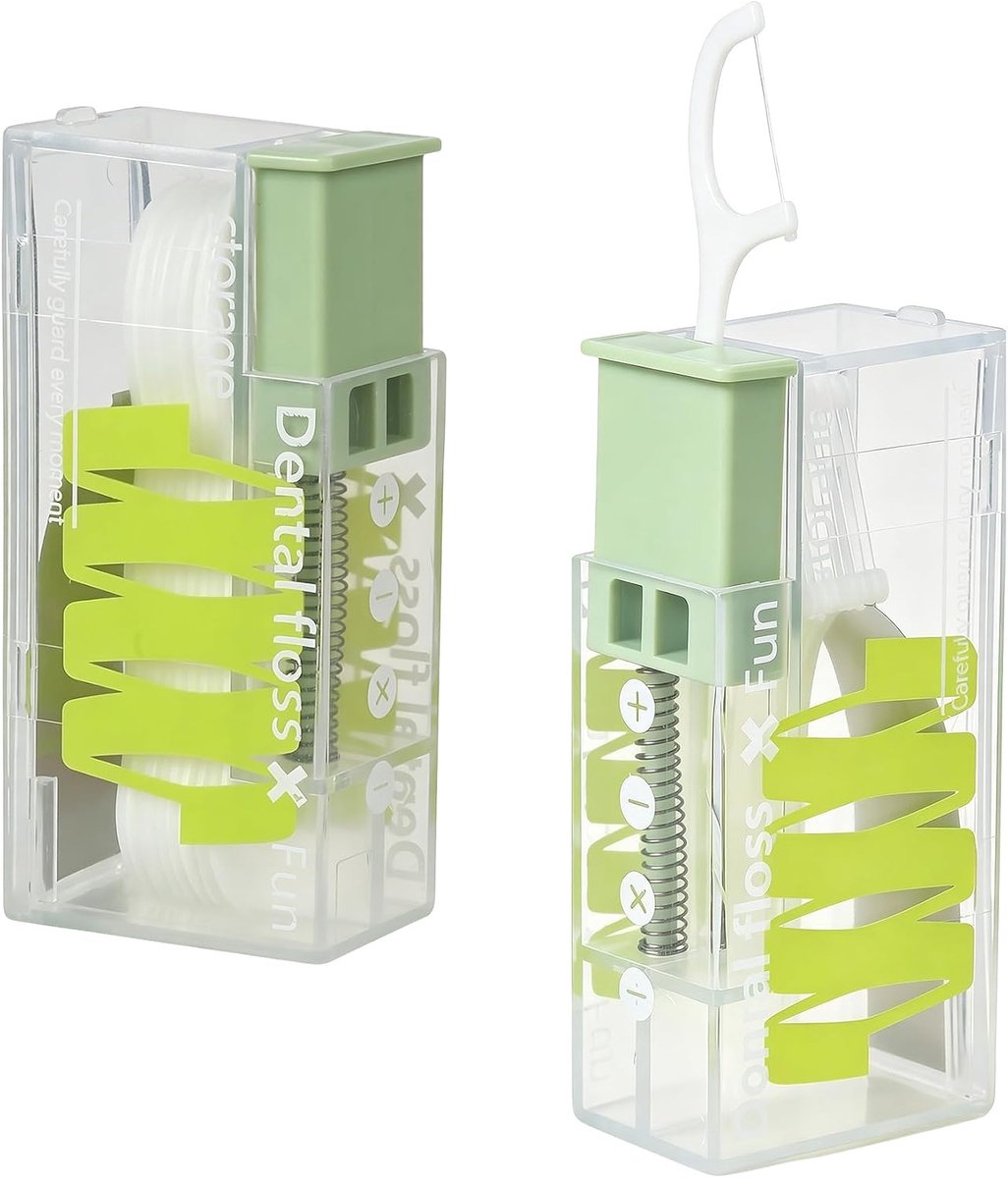 casalora Draagbare Flosdispenser Set van 2 – Navulbare Floshouder met Drukknop – Geschikt voor 10 Flosstokers – groen