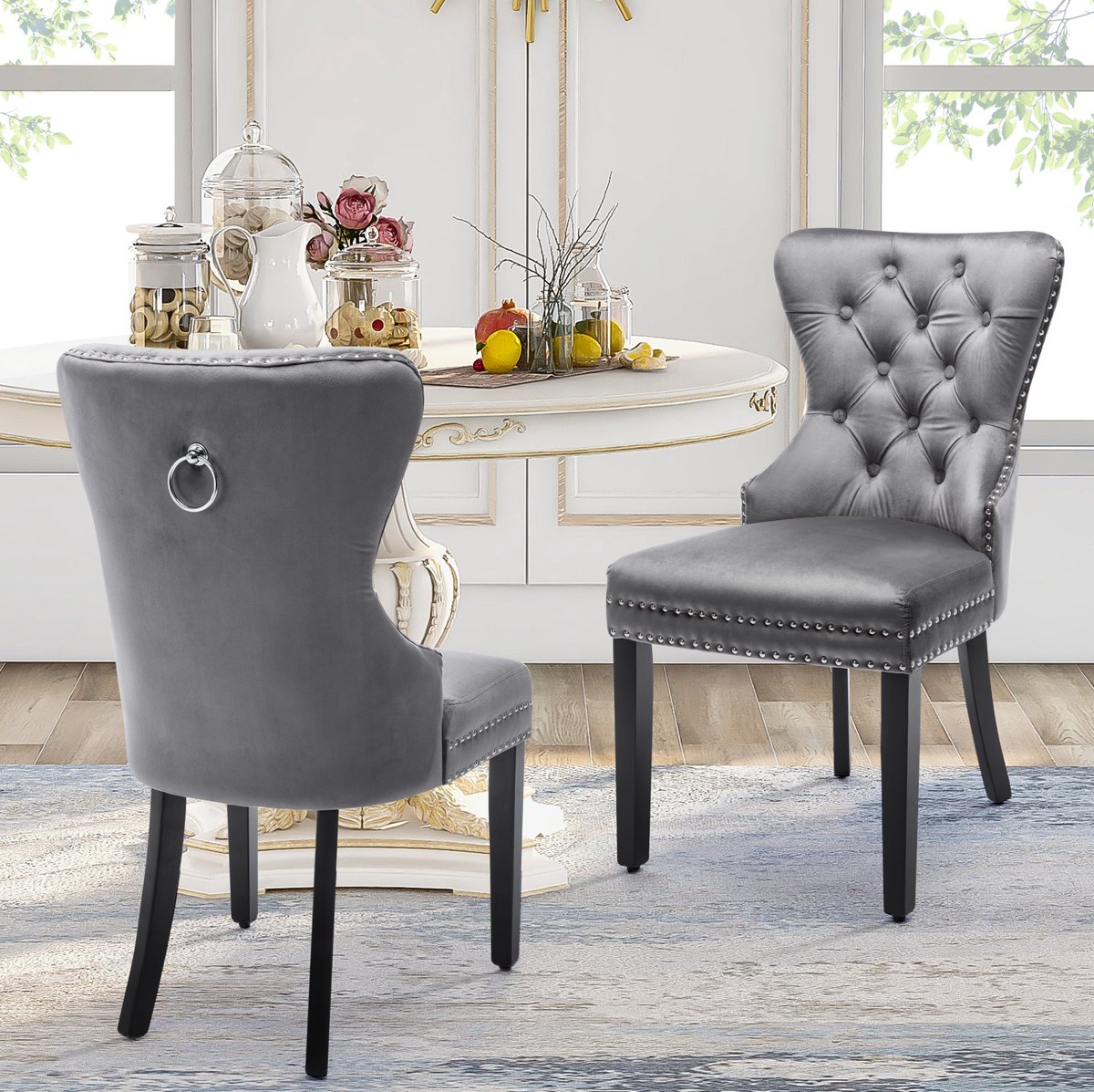 Eetkamerstoel Set van 6 Grijs - Gecapitonneerd Velours Met Nagelkopbeslag En Chromering - Voor Eetkamer Woonkamer En Slaapkamer - Houten Poten