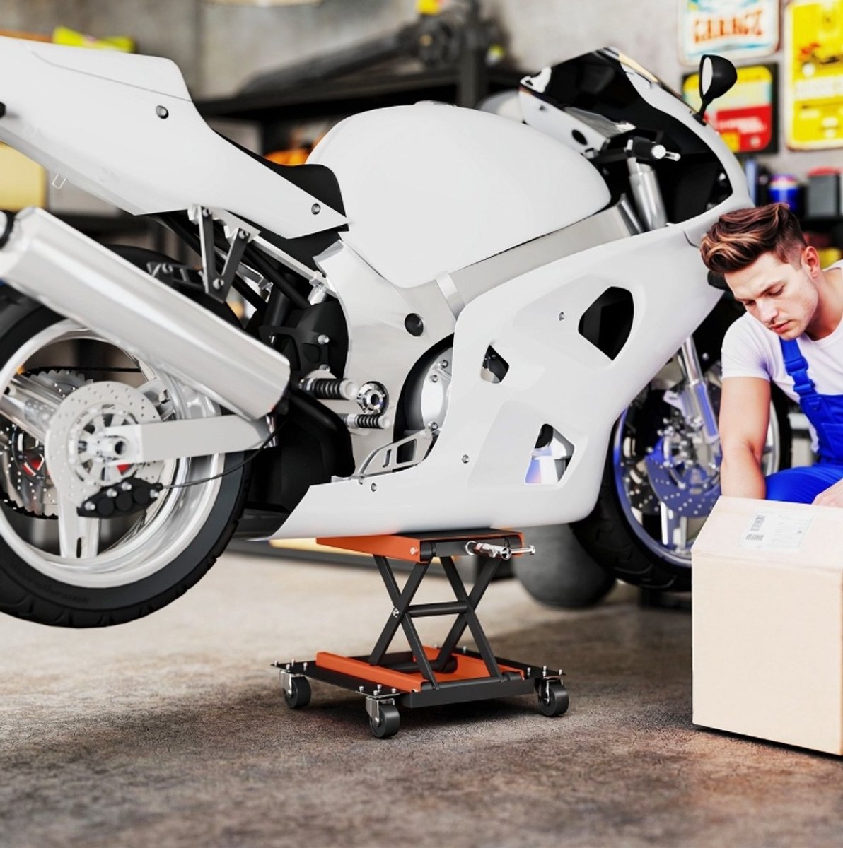 REDOM - Motorfietslift - Schaarconstructie met 2 stalen hefarmen - Verstelbare hoogte 13,5-39 cm - Met 4 zwenkwielen - Universeel - Garage en werkplaats - Staal - Oranje - 44 x 43,5 x 14 cm