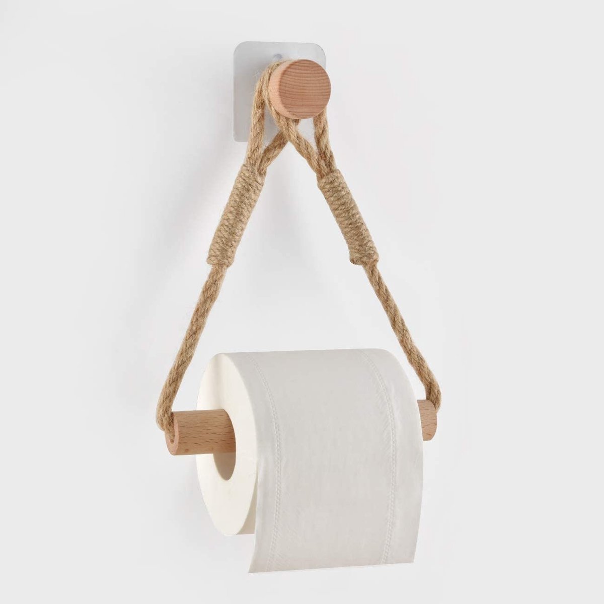 Natuur jute touw toiletrolhouder met houten staaf, boorloze zelfklevende wandpapierhouder rustiek landelijk design voor badkamer toilet keuken