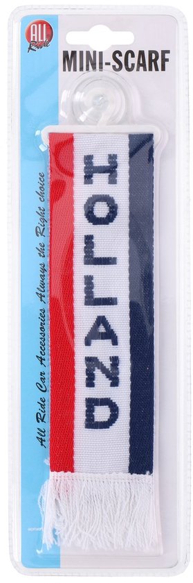 Mini-sjaal met de tekst 'HOLLAND' in blauwe letters op een witte baan, omrand door rode en donkerblauwe banen. De sjaal heeft witte franjes.