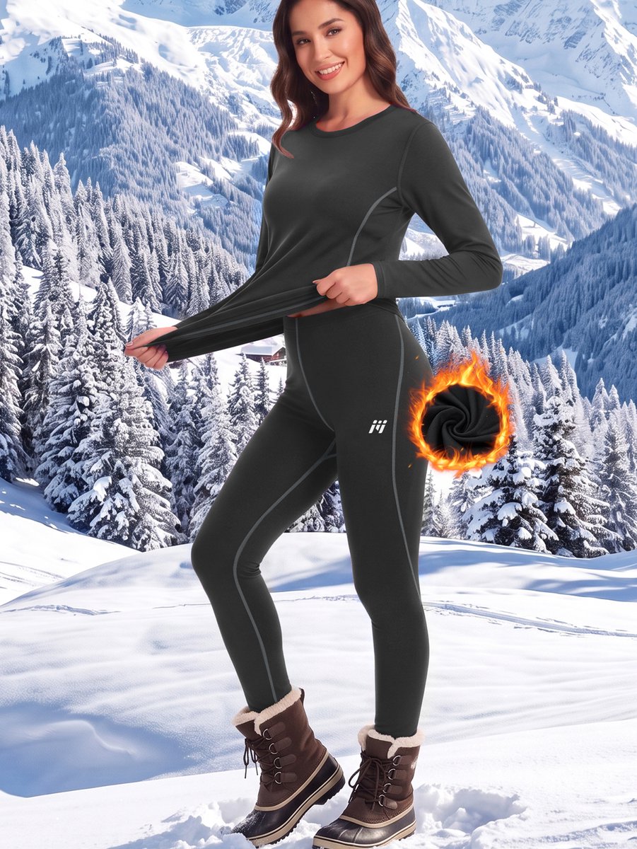 MEETYOO Thermo Ondergoed Dames - Thermoshirt & Thermobroek - Warm & Ademend - Comfortabele Pasvorm -Zwart-XXL