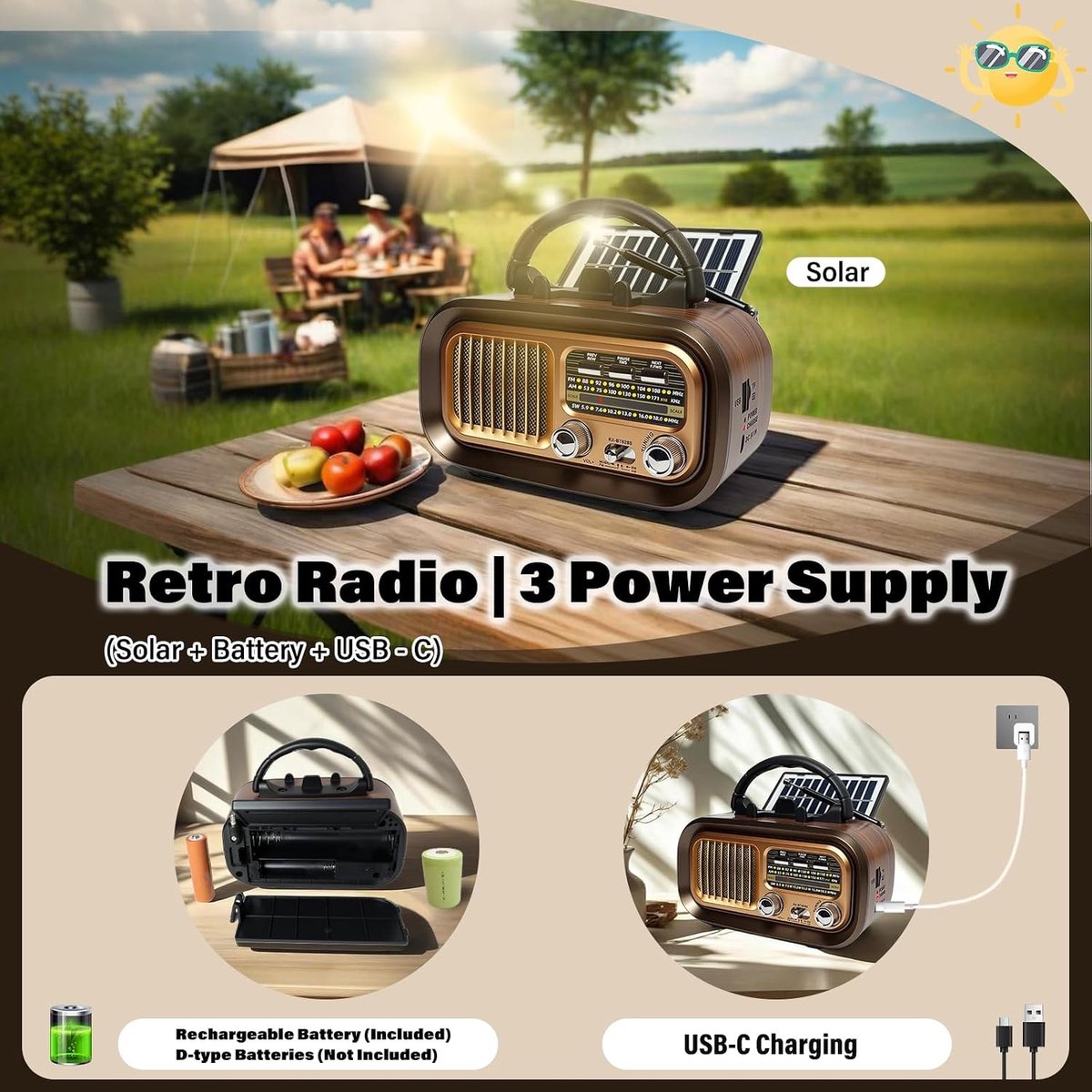 Draagbare Postradio - Goud met Zonnepaneel - 17 x 9,5 x 10,7 cm - Retro Radio met Oplaadbare Batterijen - Voor Kamperen en Wandelen