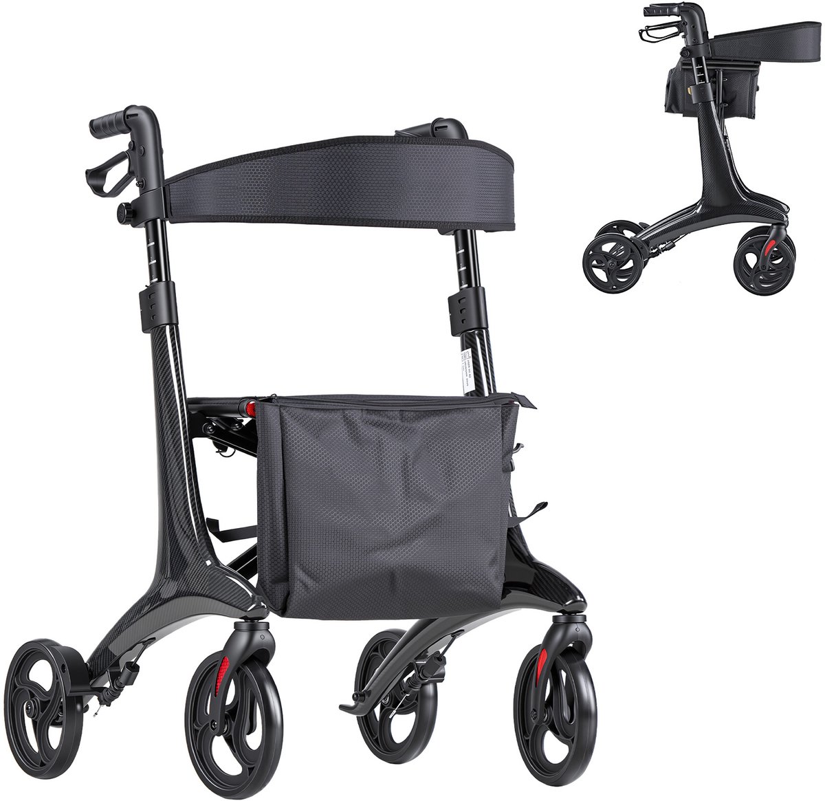 Opvouwbare Rollator met Zitje, Lichtgewicht Loophulp met 20 cm Wielen, Geschikt Tot 136 Kg, Inclusief Rugleuning, Tas en Stokhouder. Verstelbare Hoogte en Vergrendelfunctie, Ideaal voor Senioren, Zwart