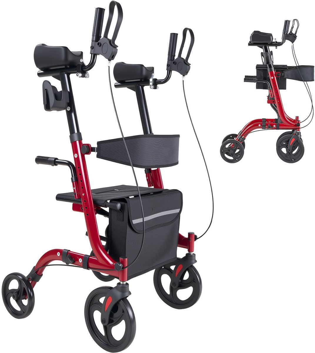 Opvouwbare Rollator met Zitje, Lichtgewicht Loophulp met 4 PVC-Wielen, Geschikt Tot 136 Kg, Inclusief Rugleuning, Tas, Stokhouder en Verstelbare Hoogte, met Vergrendelfunctie voor Ouderen, Rood