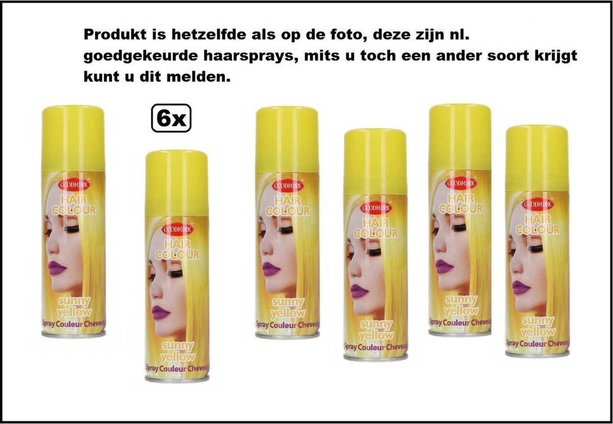 6 stuks Haarspray/haarverf geel 125 ml - Merk Goodmark - Festival thema feest party verjaardag carnaval Yellow