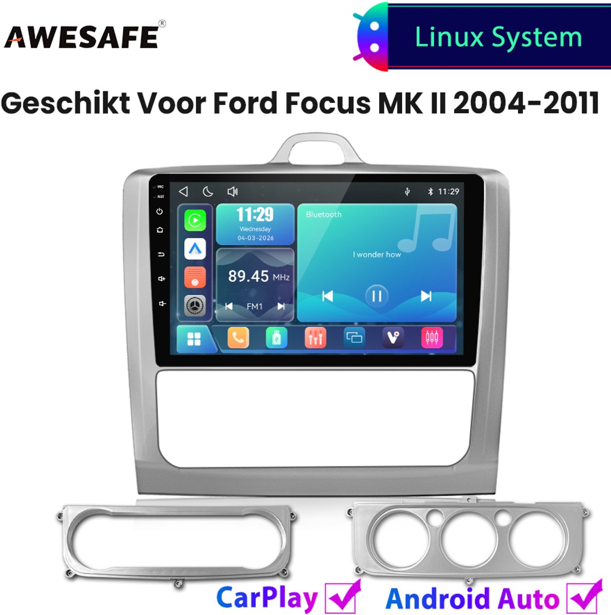 Awesafe Autoradio - Geschikt Voor Ford Focus MK II 2004 t/m 2011 - Draadloos Carplay Android Auto - Linux systeem - Touchscreen - Bluetooth Wifi - 2004 2005 2006 2007 2008 2009 2010 2011