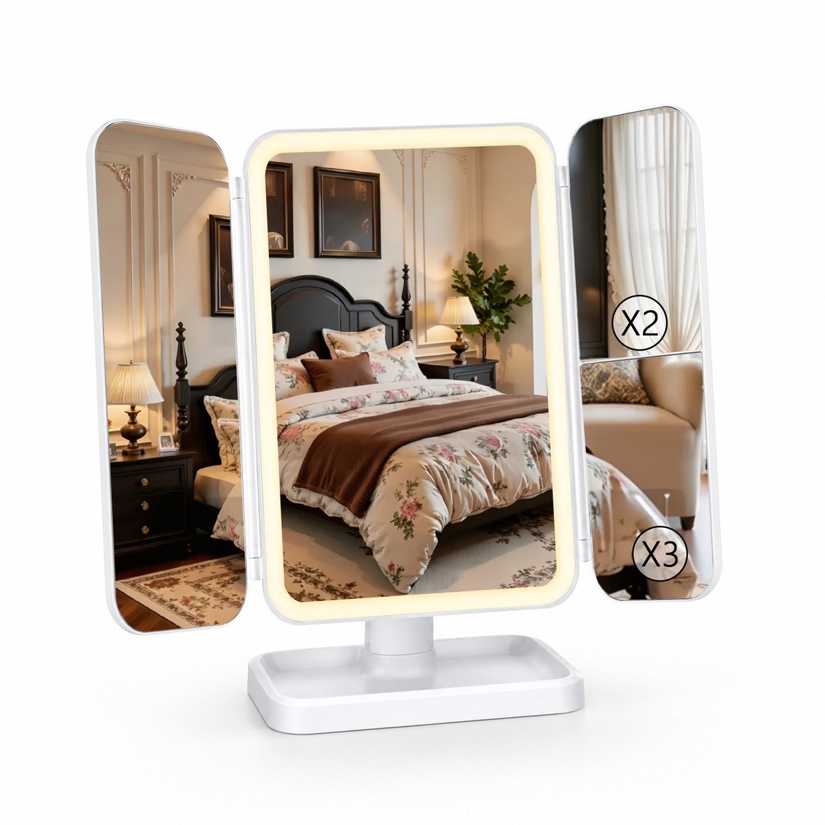Make-upspiegel - met verlichting en 3x vergroting - 3 kleuren dimbaar zacht licht - voor make-up en verzorging - opvouwbare spiegel - voor vrouwen - wit - 1 stuk