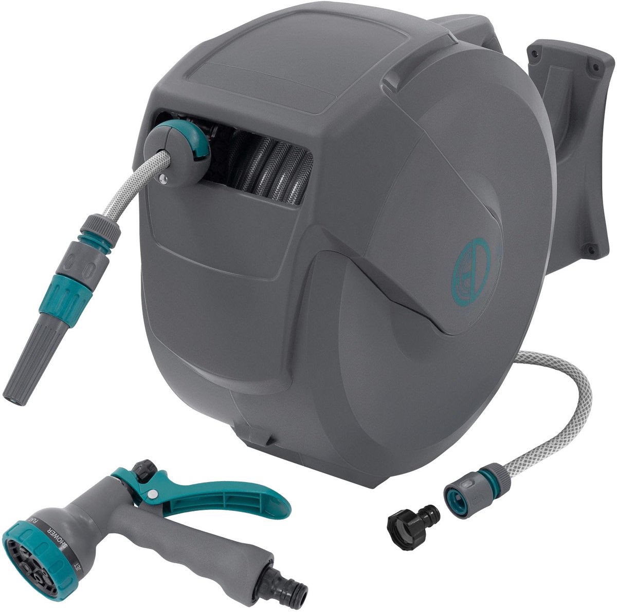 Famanu – Muurgemonteerde tuinslanghaspel met 30m + 2m slang, roll-up functie, vergrendelingssysteem en 9 sproeistanden, 180° zwenkbaar, automatische waterslangbox voor wandbevestiging