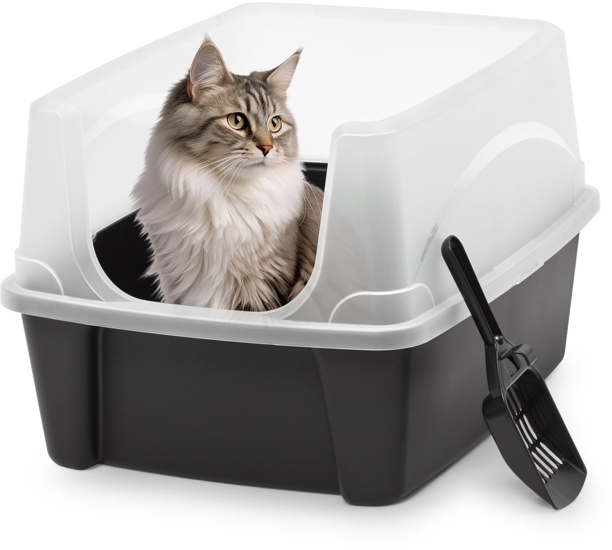 Famanu – Kattenbak met schep, open ontwerp zonder deksel, voor katten tot 7 kg, hoge afneembare rand, BPA-vrij, ideaal voor grote katten en kittens