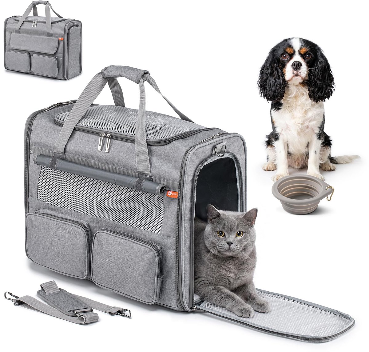 Famanu – Hondentas voor in het vliegtuig, opvouwbare hondendraagtas met opvouwbare reiskom voerbak voor honden en katten, transporttas tot 12 kg