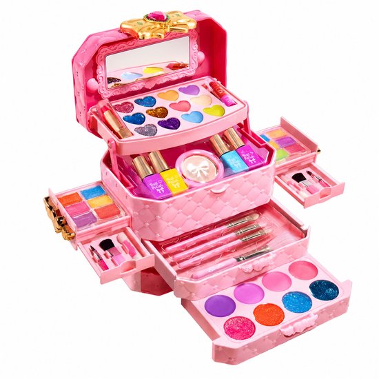 Roze make-up koffer met spiegeltje, make-up paletten, kwasten en nagellak.
