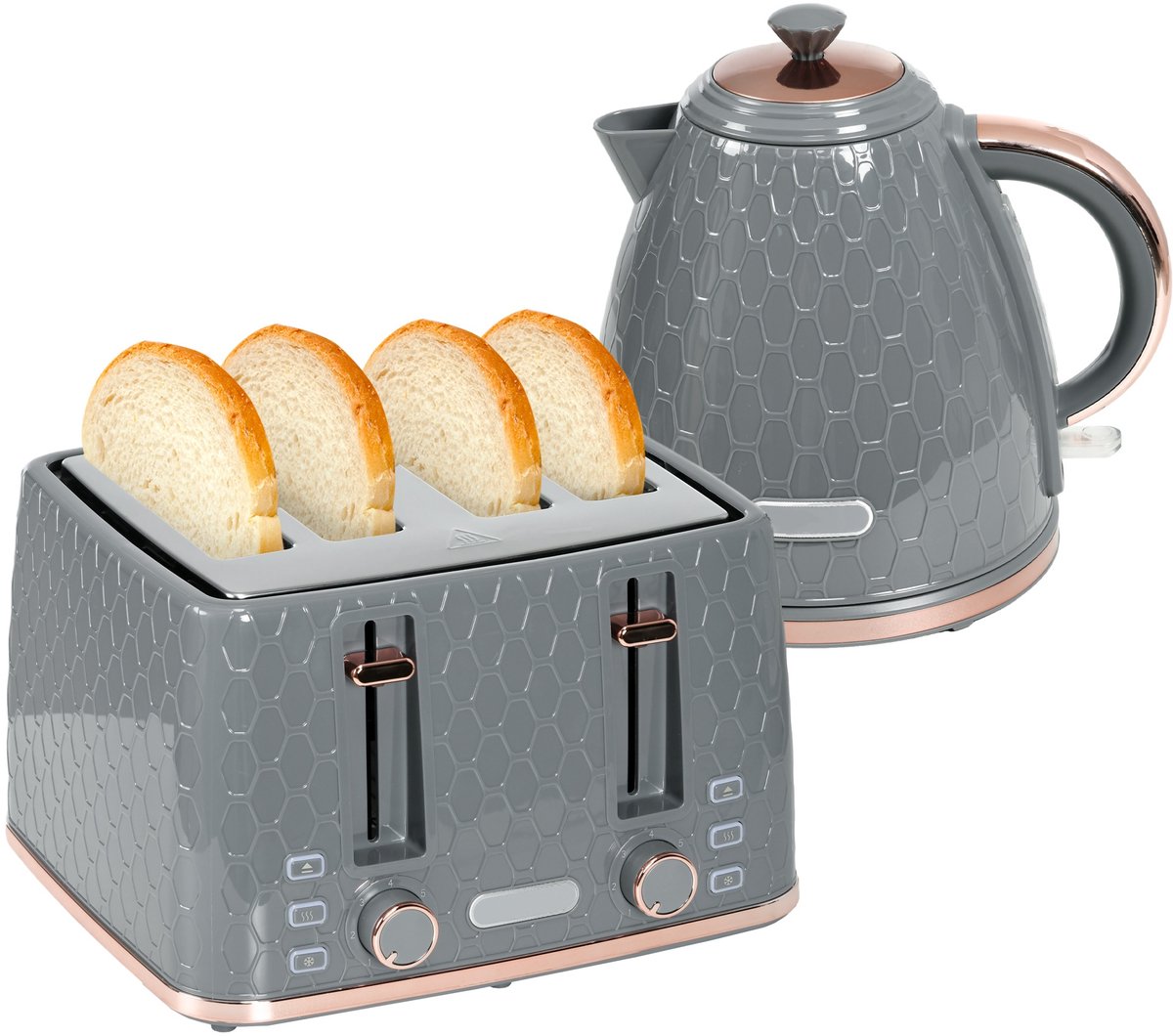 ECTEATOY® Keukengerei set - Waterkoker 1,7L & Broodrooster 4 Sneden - Ontbijtset met 7 Bruiningsstanden & Droogkookbeveiliging - Grijs