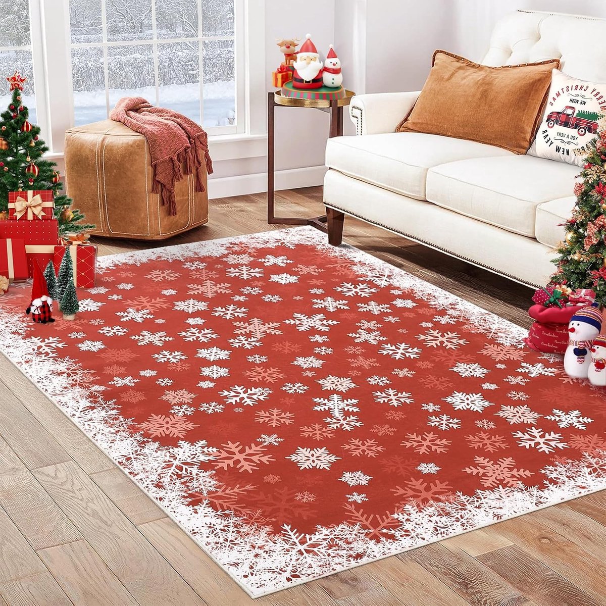 Vloerkleed Kerst Sneeuwvlokken Fluweel Rood 140x200 cm Opvouwbaar Gewassen Achterkant Zwaar Woonkamer