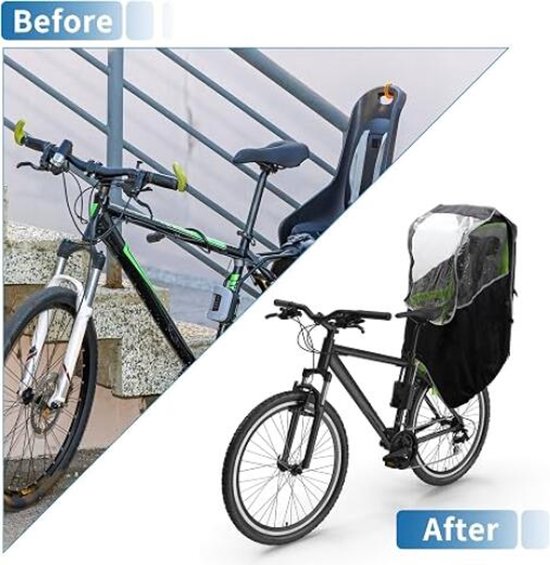 Vergelijking van een fiets met en zonder kinderzitje regenhoes. Voor en na.
