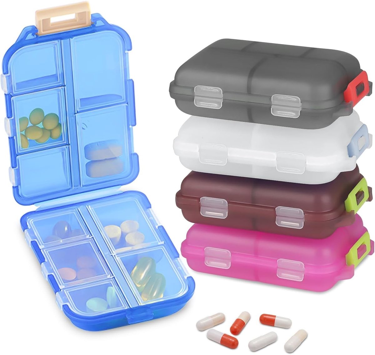 Set van 5 Tablets Dozen, Reislade voor Medicijnen, 10 Compartimenten, Handige Pillen Organizer voor Thuis en Op Reis, Compacte Medicijnopslag