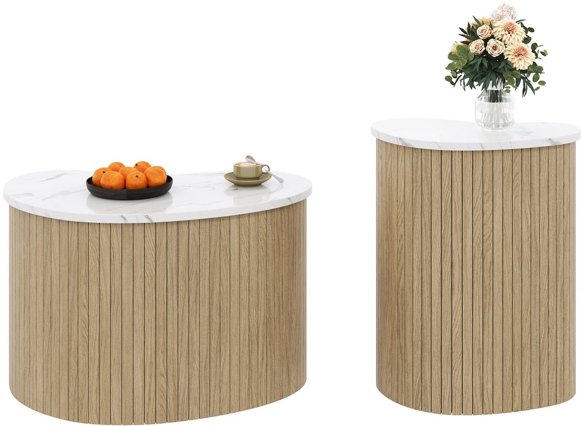 Merax Tweedelige Salontafel – Organische Bijzettafels met Marmermotief en Houtstructuur – Scandinavische Stijl – Houtkleur/Wit – 60 x 37 x 38 cm en 40 x 25 x 50 cm