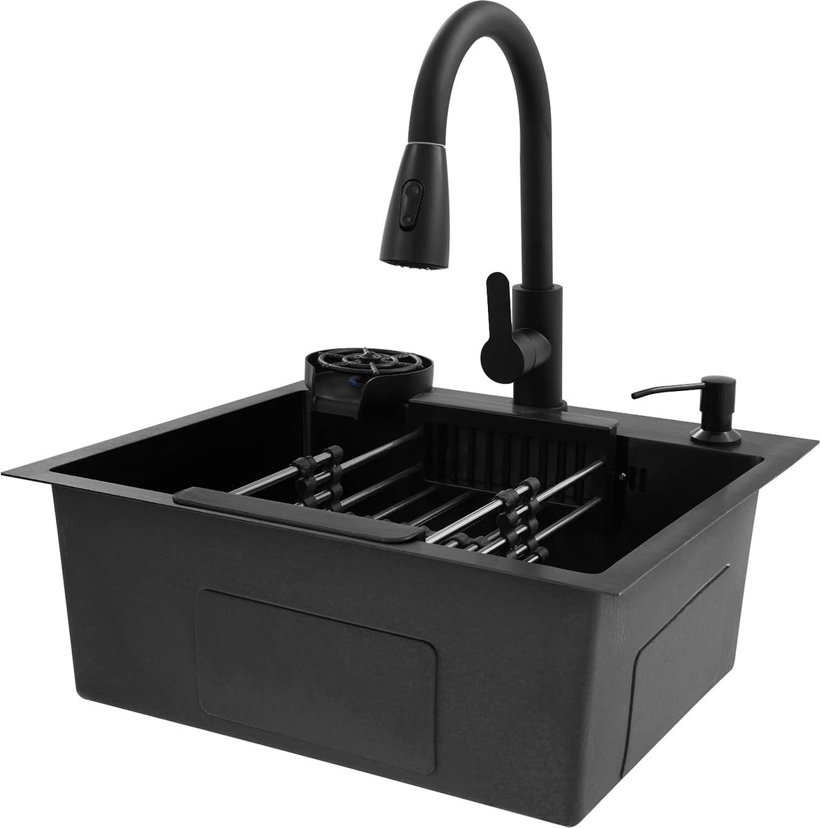 Keukenspoelbak - 45 x 50 cm - roestvrij staal - geïntegreerde wastafel - keuken - uittrekbaar - 360 graden - met spoelbak + afvoermand + zeepdispenser voor spoelbak keuken - onderbouw - spoelbak - zwart