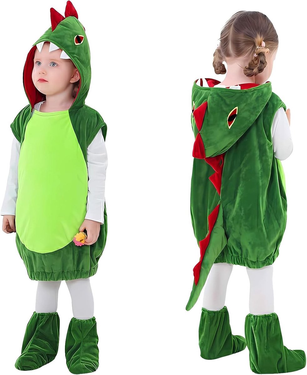 Dinosaur Jumpsuit Kostuum met Kap en Overschoenen voor Jongens en Meisjes, Perfect voor Carnaval en Cosplay Feesten