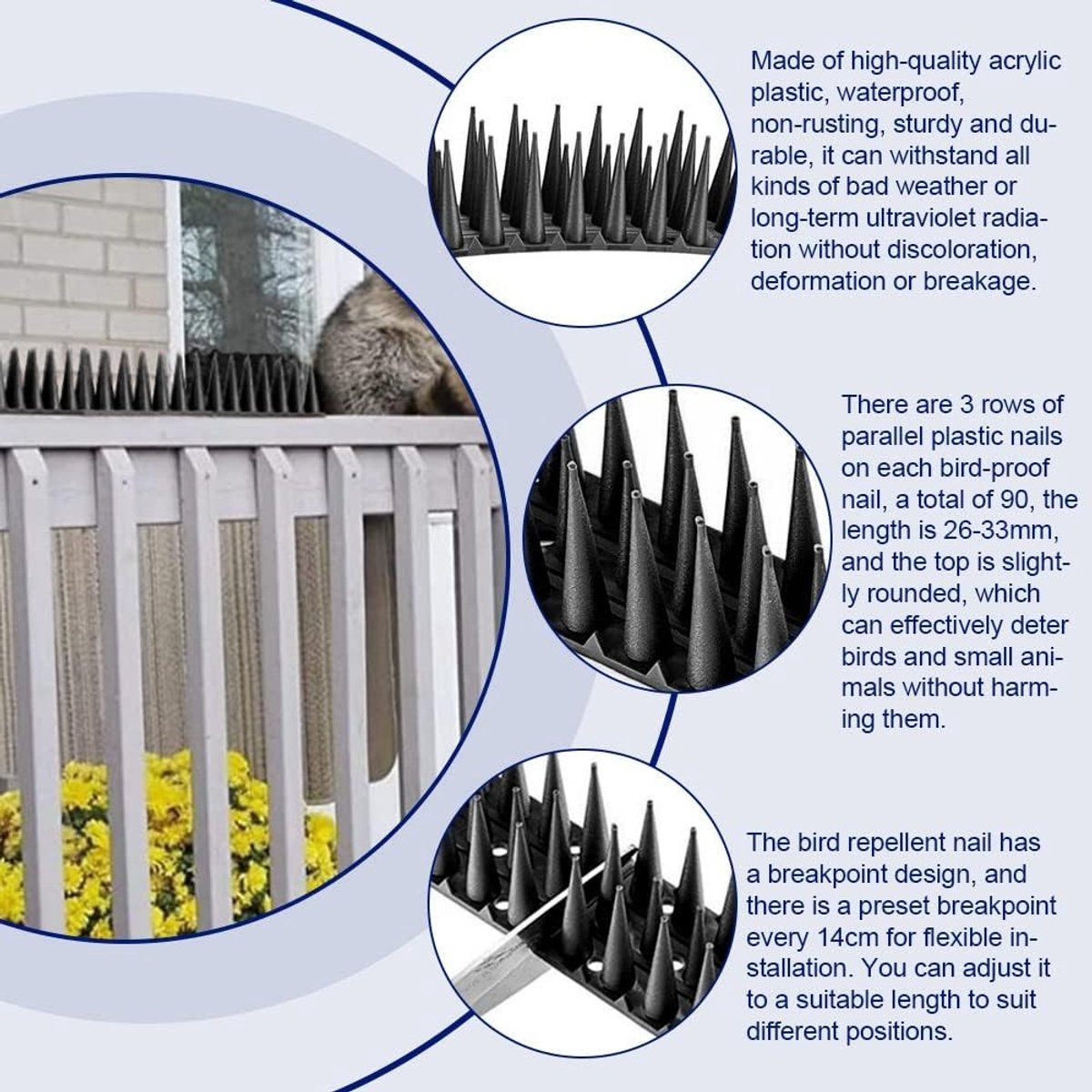 Pack van 20 Plastic Vogelafschrikkers, 8.6 m, Effectieve Pigeon Bescherming, Balkon, Kattenafschrikking, Spikes voor Vogels en Duiven, Zwart, 43 x 4 cm