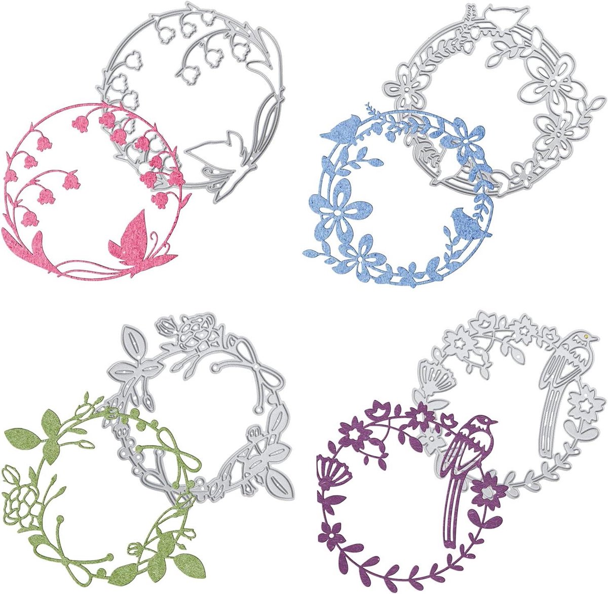Metalen Krans Snij Dies - Bloemen Snij Gereedschap - Kaarten Maken - 4 Verschillende Vormen - 4 Stuks - Mat Platina