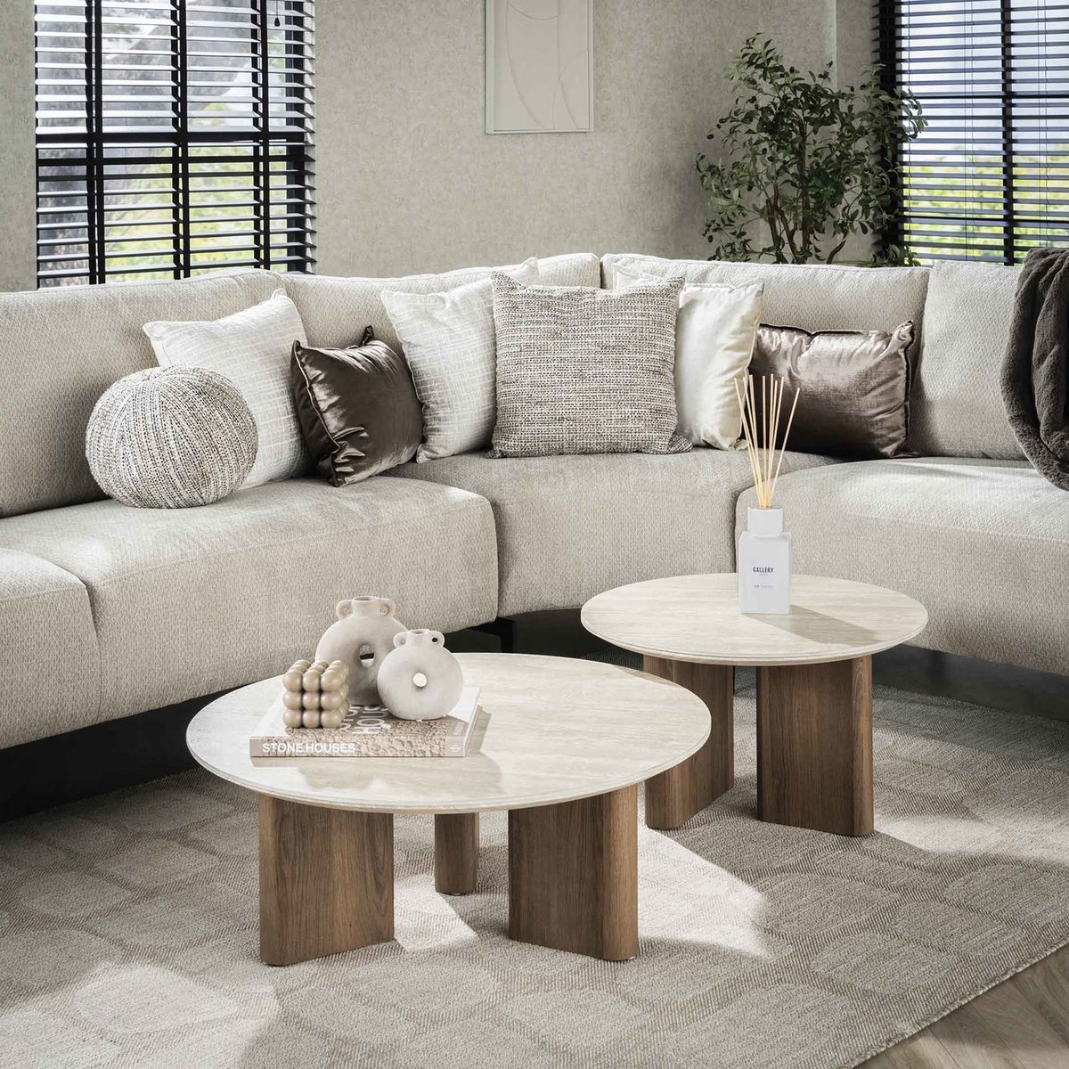 Giga Meubel Salontafel Romano - Travertin - Set van 2 - 76x76x30cm