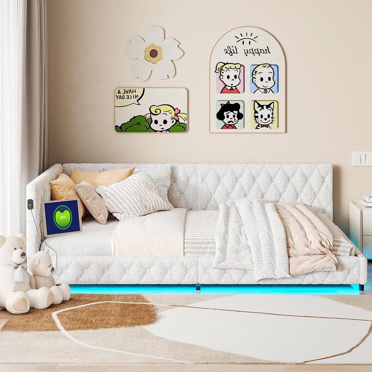 Gestoffeerd Bed - Jeugdbed Bank - Slaapkamer Sfeer - Geïntegreerde USB - 140 x 200 cm - B Beige