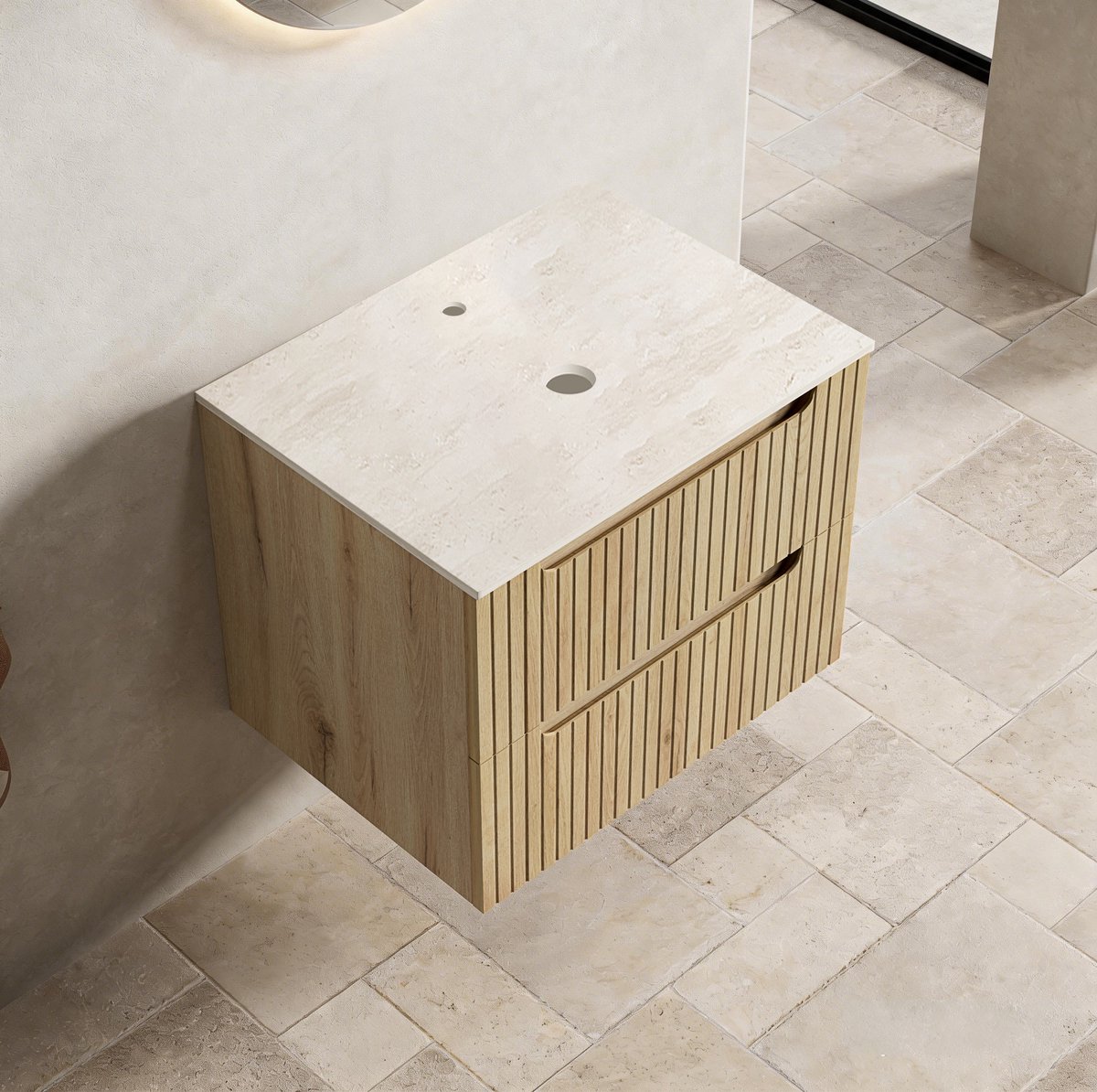 MIVRAY Badkamerkast 60 Cm Onderkast Met 2 Lades En Sintersteen Werkblad Voor Badkamer Licht Eiken Multiplex 60 X 46 X 48 Cm