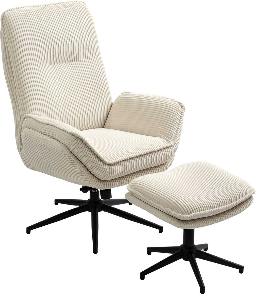 MODENUIT Relaxfauteuil 85 x 74 x 104 cm - 360° Draaibaar Met Hocker En Liegefunctie - Cord - Beige