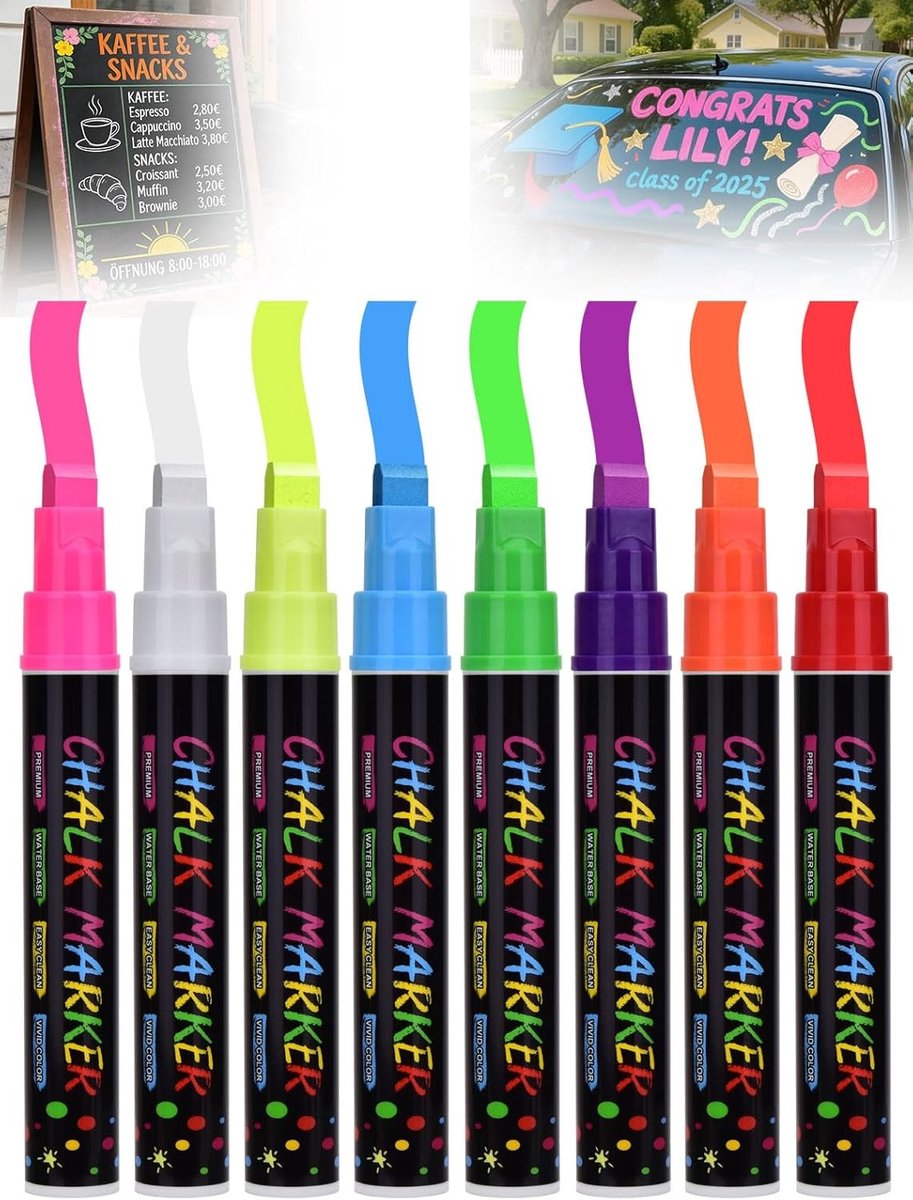 Vloeibare Krijtstiften - Meerkleurig - 8 Kleuren - Afwasbare Raamstiften met 3-in-1 Punt - Voor Creatieve Projecten