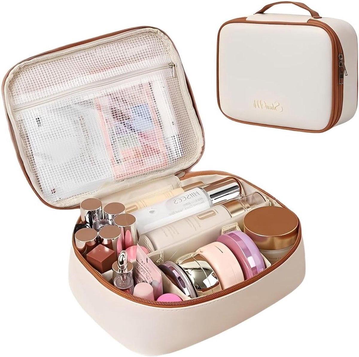 Make-uptas - Wit - 24 x 17,5 x 9 cm - Waterdichte Tas met Handvat en Vakken - Voor Dames en Meisjes