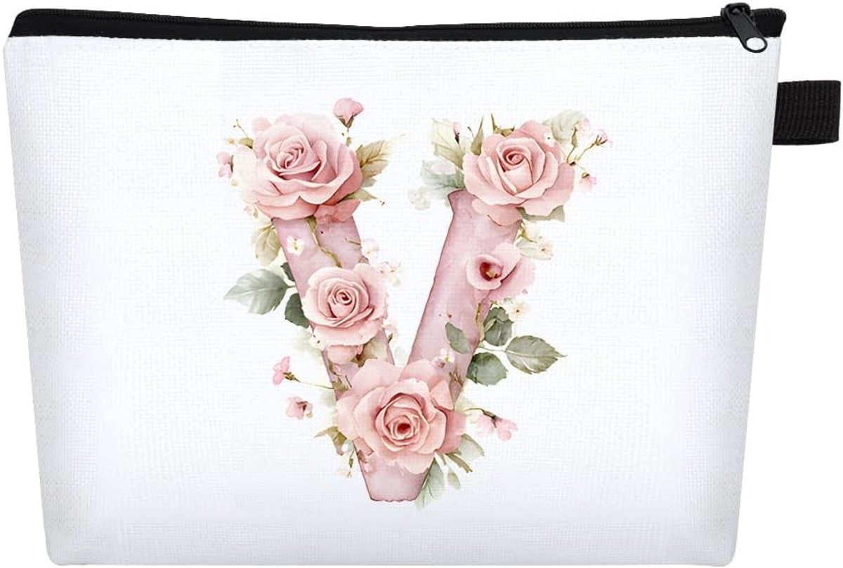 Gepersonaliseerde Make-up Tas - V - - Canvas met Bloemenmotief - Voor Vrouwen