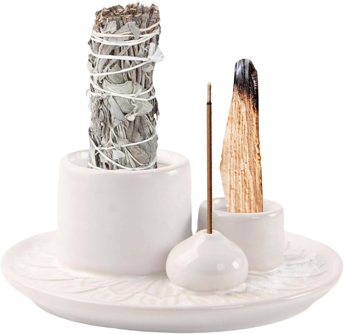 4-in-1 Wierookhouder voor Wierookstokjes, Palo Santo, Salie en Kaarsen - Perfect voor Thuisdecoratie, Meditatie en Yoga (Wit)