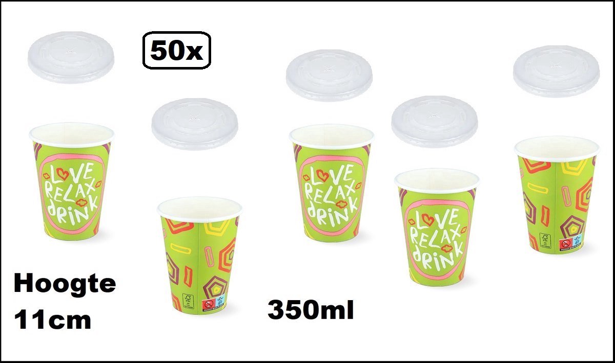 50x Milkshake beker Relax groen 350ml + 50x deksel - Karton - Drinken beker thema feest festival evenement fun diner milkshakebeker