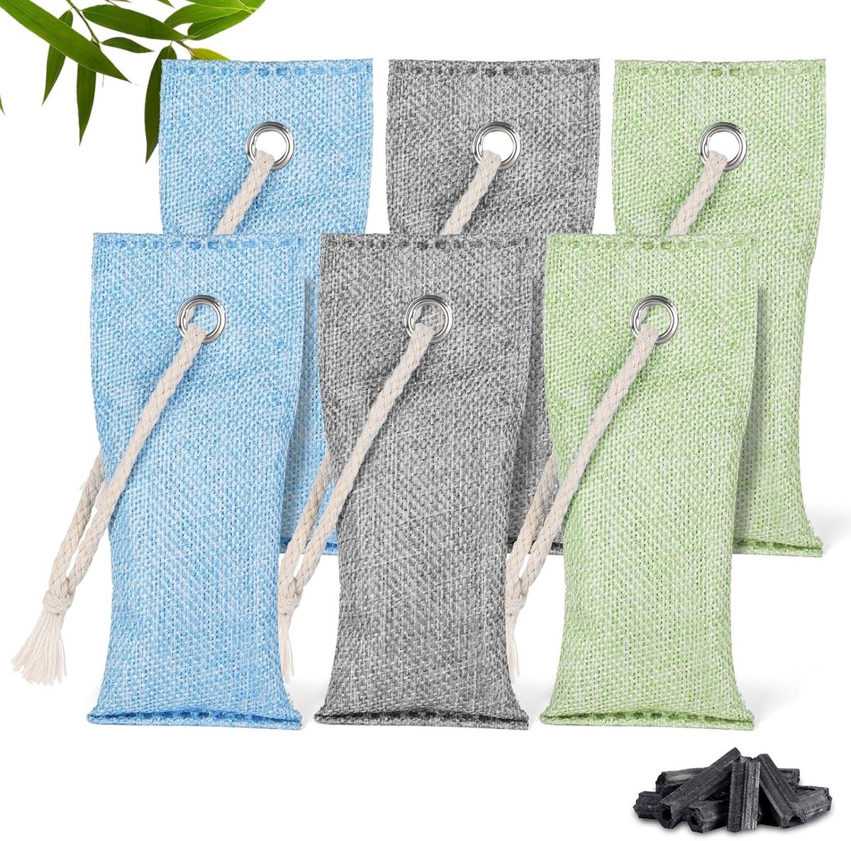Natuurlijke Bamboe Houtskool Luchtzuiveringszakken, 6×75g Actieve Houtskool voor Geur- en Vochtbestrijding, Ideaal voor Thuis, Auto en Huisdieren