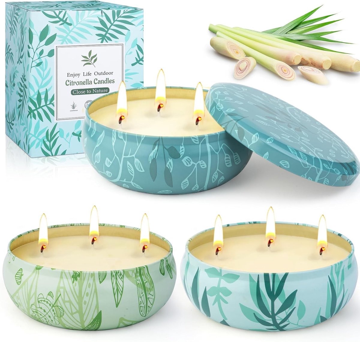 Grote Citronella Buitenkaarsen met 3 Wick voor Tuin, Camping en Terras - Natuurlijke Sojawas Geurkaarsen voor Zomer, Picknick en Zwembadgebruik
