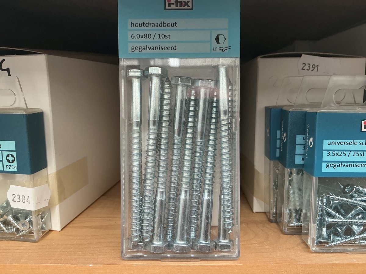Houtdraadbout M6 x 80mm. Lang. Verzinkt. 10 stuks. Houtfretten. Ifix.