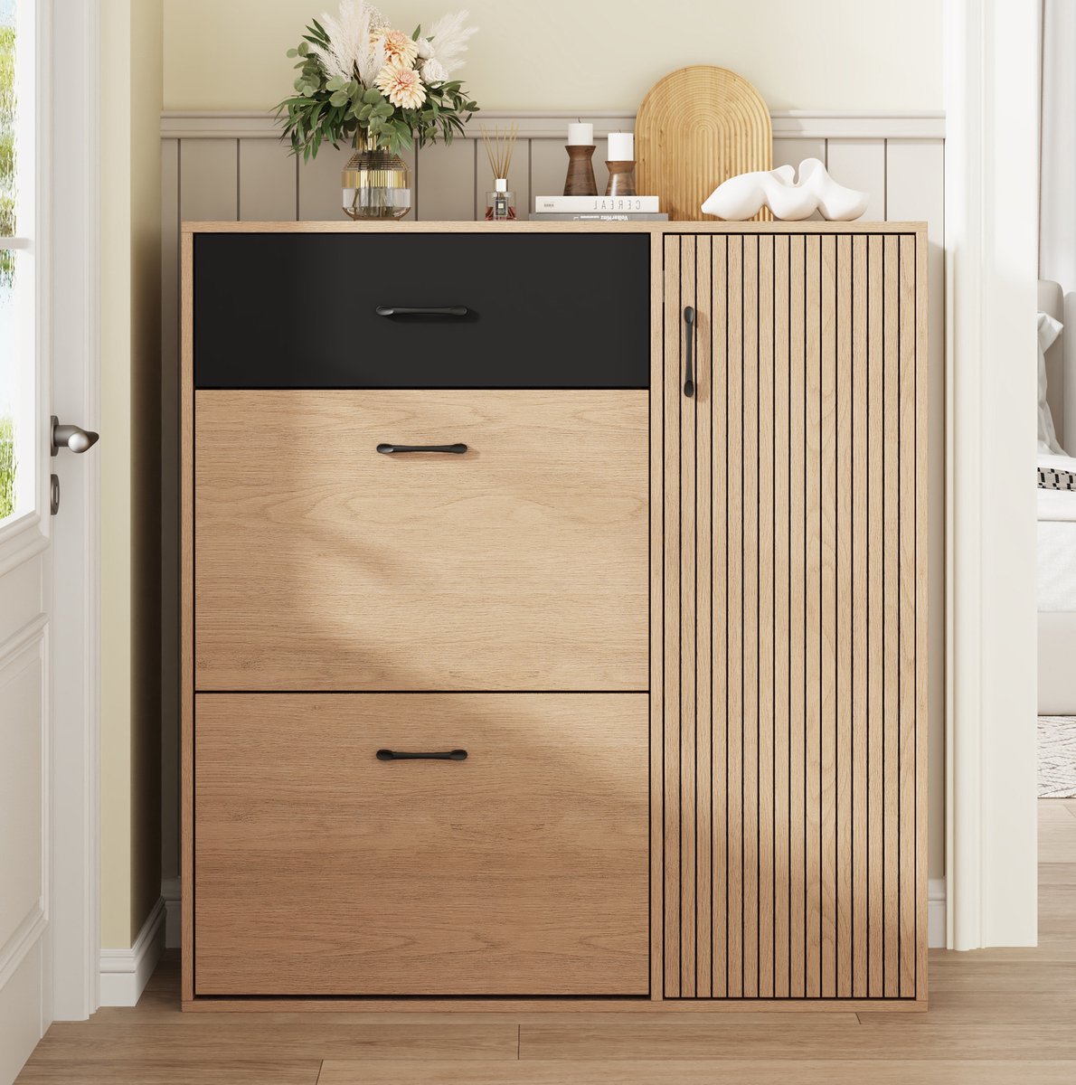 FloraGrace Schoenenkast - Smal Design Met Lade En 2 Klepvakken - Voor Hal En Entree - MDF En Spaanplaat - 100x35x106 Cm - Naturel Zwart