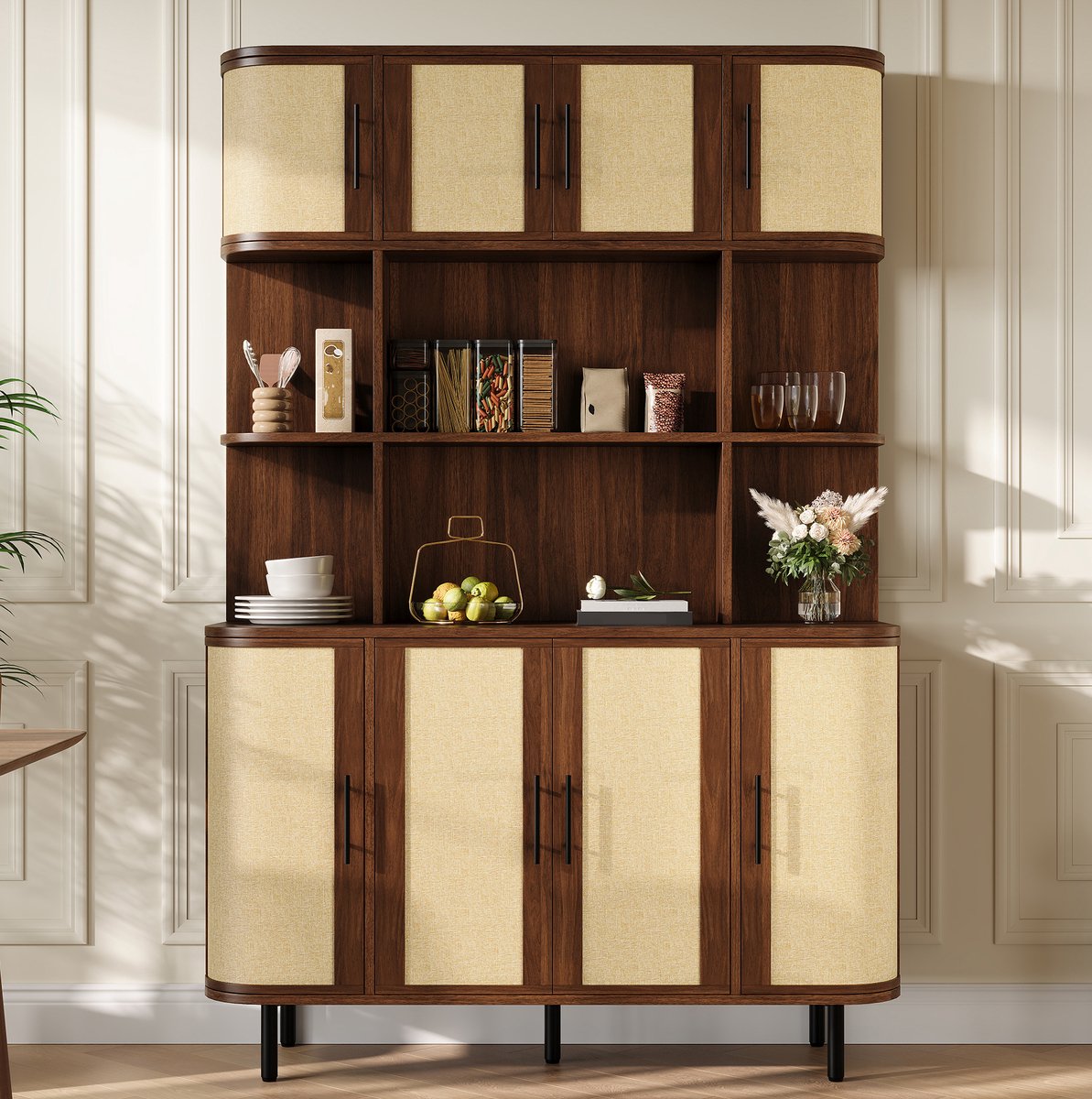 FloraGrace Dressoir - Rattan Front Met 8 Deuren En Open Vak - Voor Woonkamer, Eetkamer En Hal - MDF - Walnoot - 120x20x180 Cm