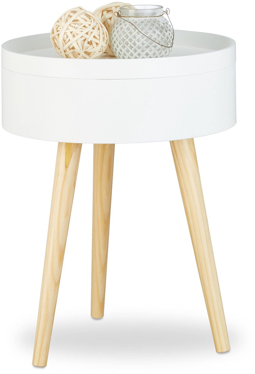Famanu – Bijzettafel rond met dienblad, Scandinavisch design, opbergruimte, H x Ø: ca. 50 x 38 cm, wit