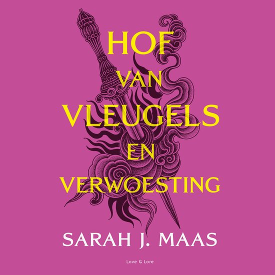 Gele tekst 'HOF VAN VLEUGELS EN VERWOESTING' op roze achtergrond met een zwaard en wervelingen.