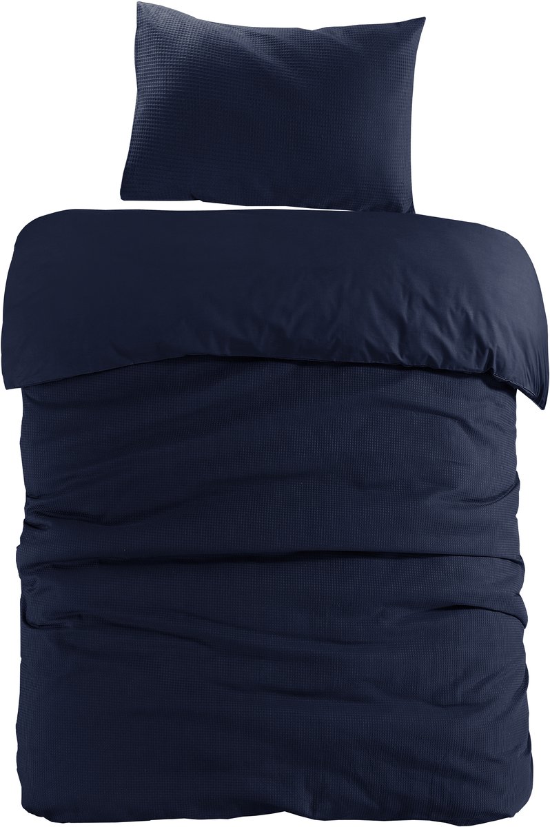 Padiro dekbedovertrek 200 x 200 cm - blauw - modern effen wafelstructuur design - 100% katoen - met 2 kussenslopen 50 x 75 cm